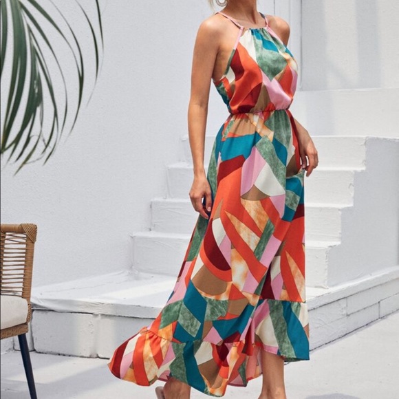 Boho Geo Abstract PatchWork Print Halter Ruffle Maxi Dress - Picture 3 of 4